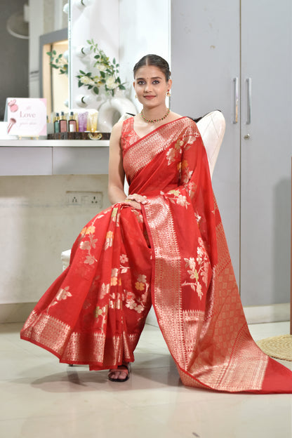 Banarasi semi chiffon saree with floral zari weaving and intricate details on border and pallu - red