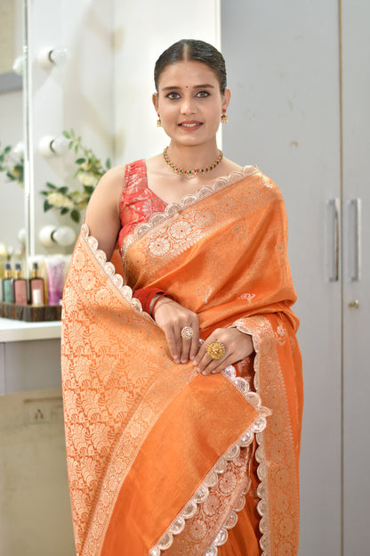 Banarasee Handloom Tissue Saree With Buta Design Zari Border & Lace- Orange