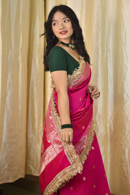 Banarasi Semi Silk Saree With Buti Zari Weaving & Lace Border - Rani