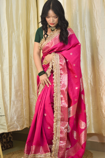 Banarasi Semi Silk Saree With Buti Zari Weaving & Lace Border - Rani