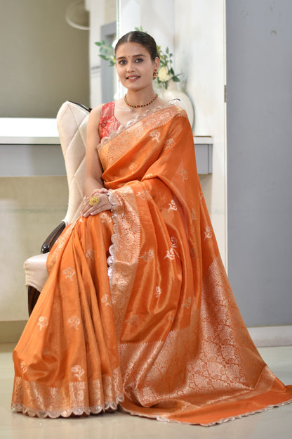 Banarasee Handloom Tissue Saree With Buta Design Zari Border & Lace- Orange