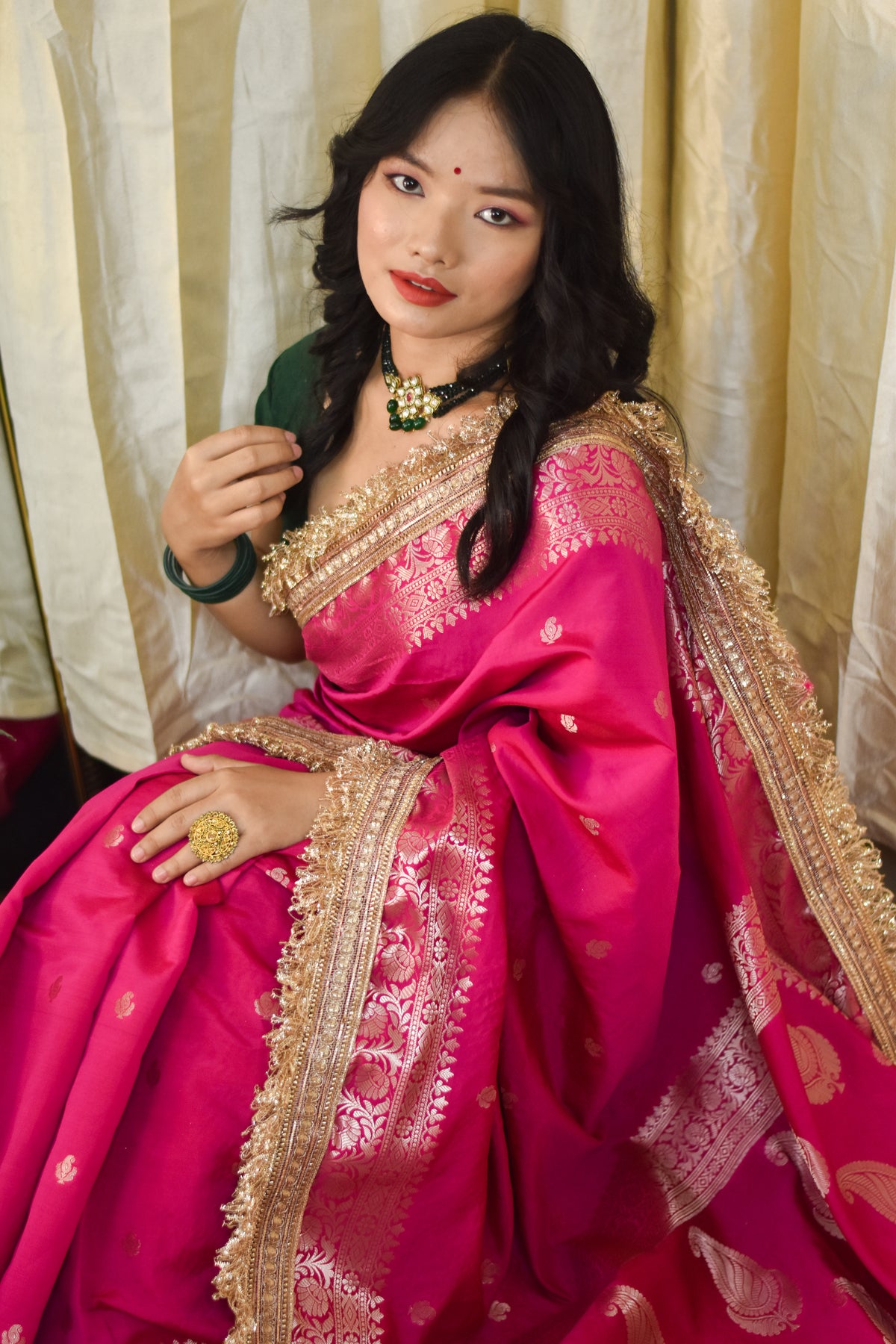 Banarasi Semi Silk Saree With Buti Zari Weaving & Lace Border - Rani