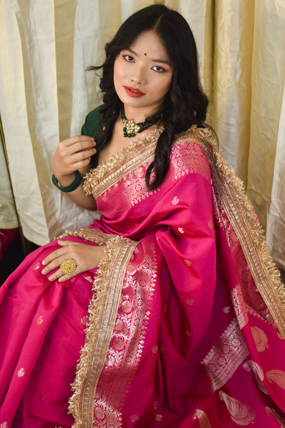 Banarasi Semi Silk Saree With Buti Zari Weaving & Lace Border - Rani
