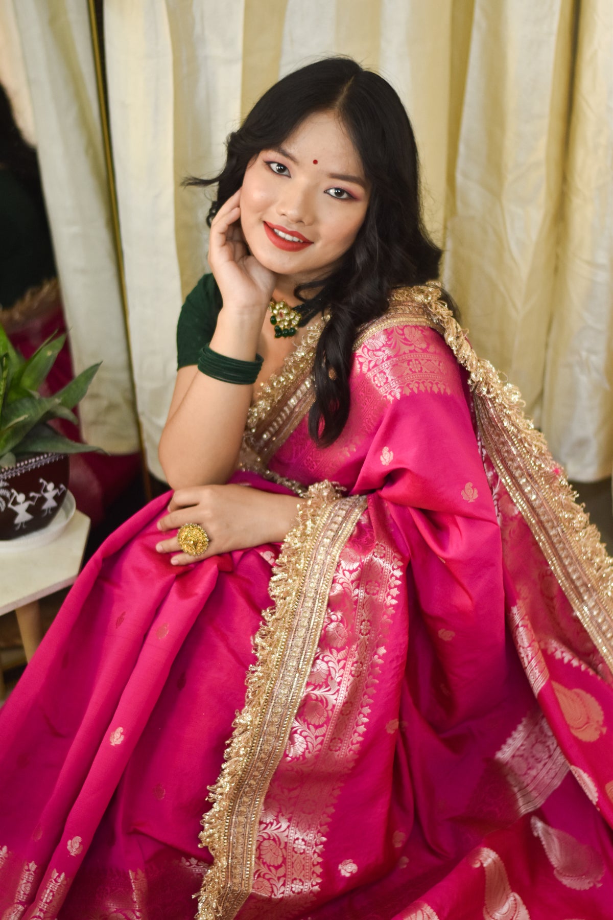 Banarasi Semi Silk Saree With Buti Zari Weaving & Lace Border - Rani