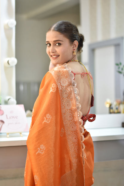 Banarasee Handloom Tissue Saree With Buta Design Zari Border & Lace- Orange