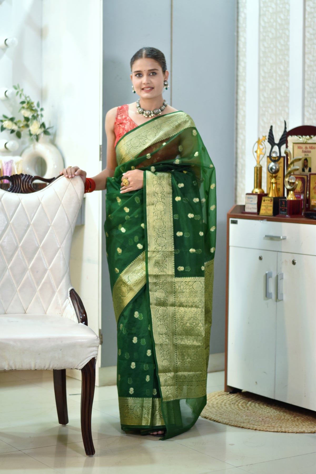 Banarasi Kora saree with beautiful golden zari weaving buta - Green