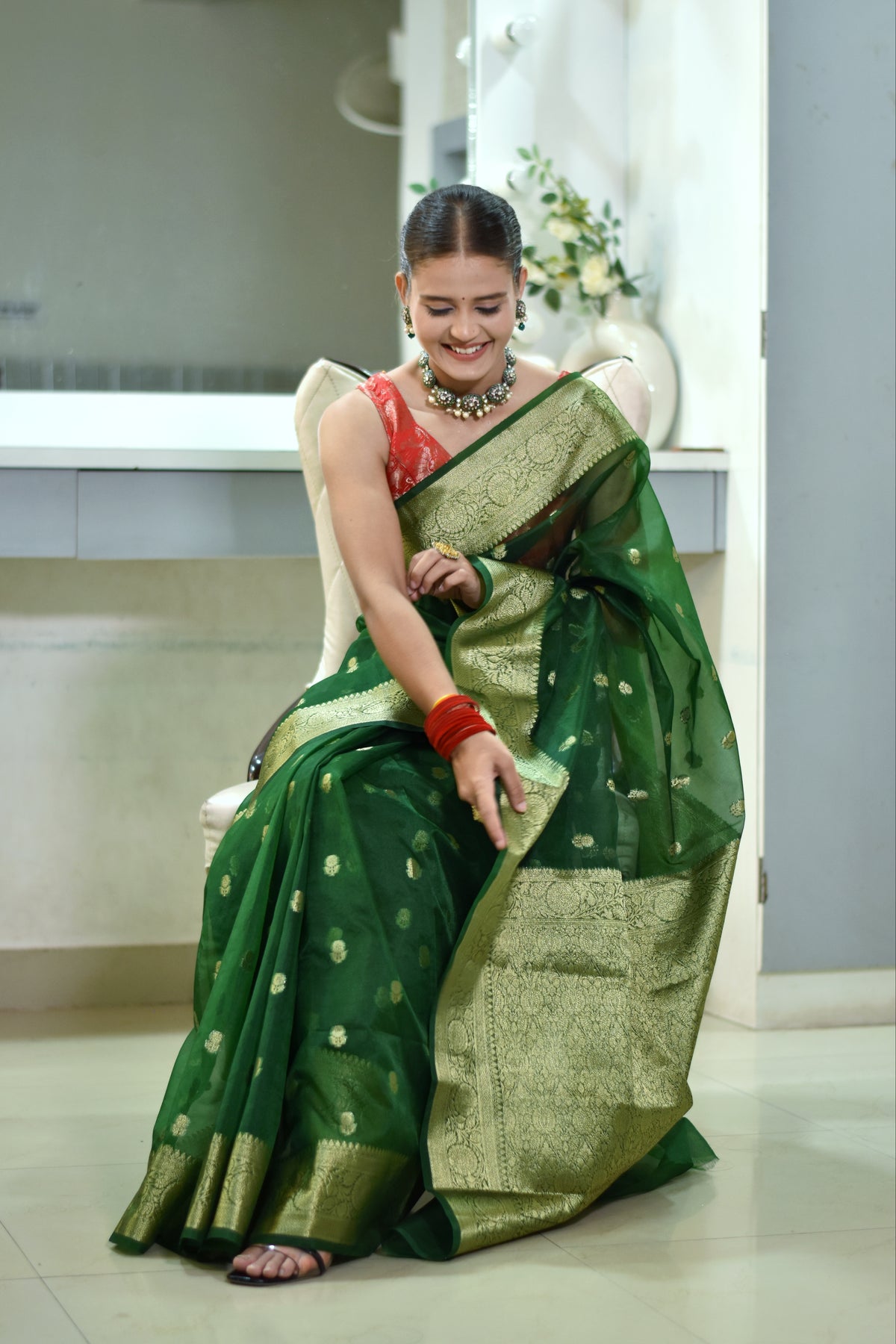 Banarasi Kora saree with beautiful golden zari weaving buta - Green