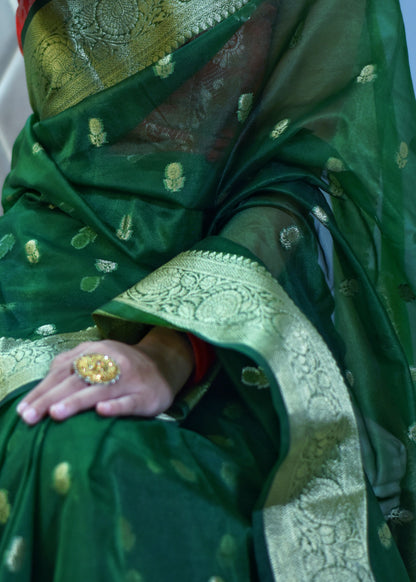 Banarasi Kora saree with beautiful golden zari weaving buta - Green