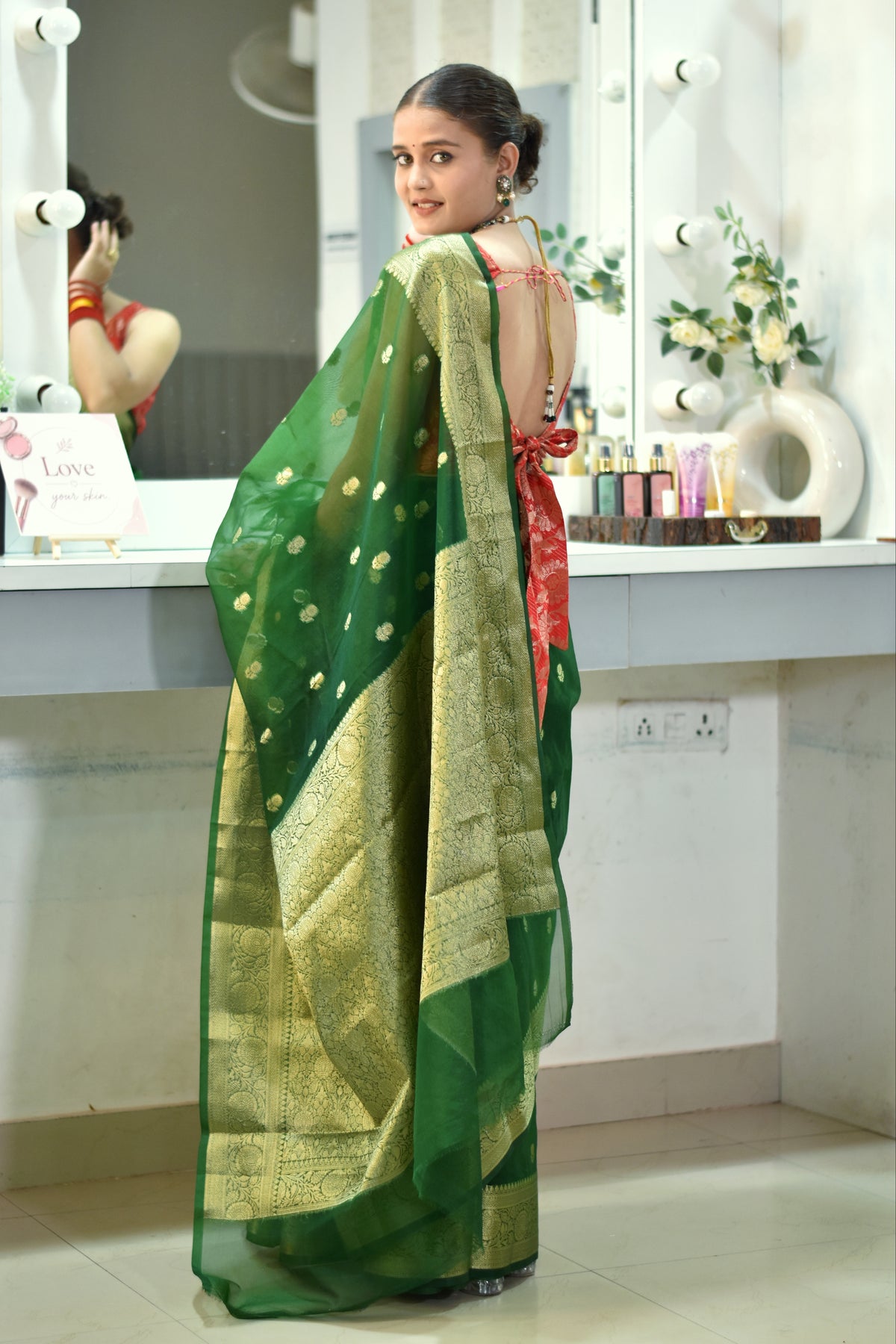 Banarasi Kora saree with beautiful golden zari weaving buta - Green