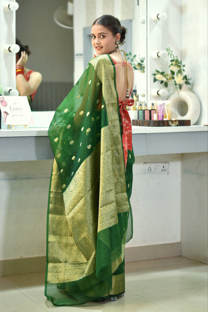 Banarasi Kora saree with beautiful golden zari weaving buta - Green
