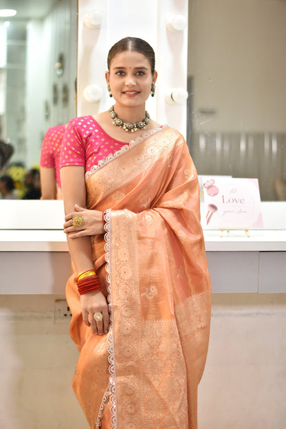 Banarasee Handloom Tissue Saree With Buta Design Zari Border & Lace- Peach