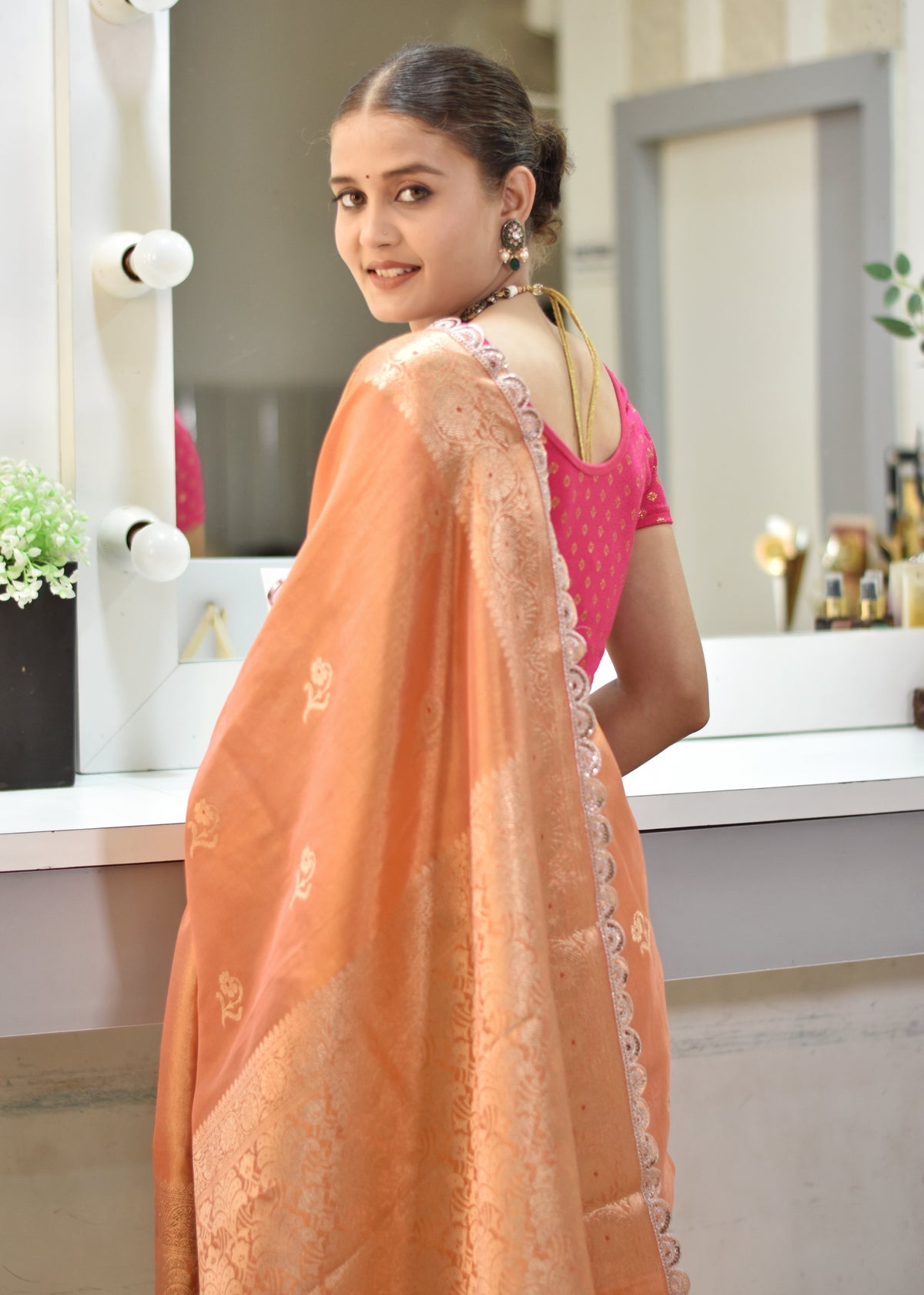 Banarasee Handloom Tissue Saree With Buta Design Zari Border & Lace- Peach