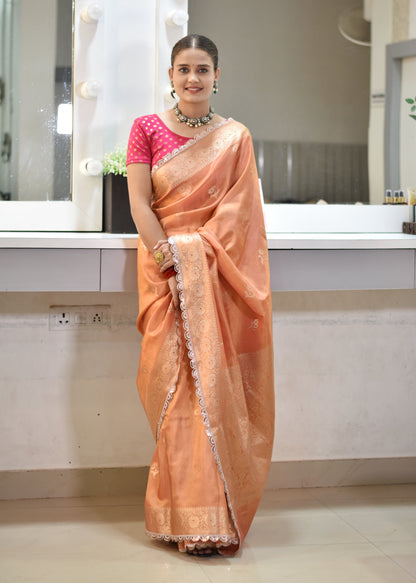 Banarasee Handloom Tissue Saree With Buta Design Zari Border & Lace- Peach