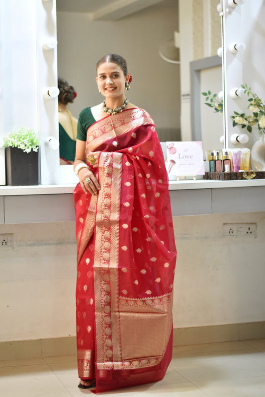 Banarasi Kora saree with beautiful golden zari weaving buta - red