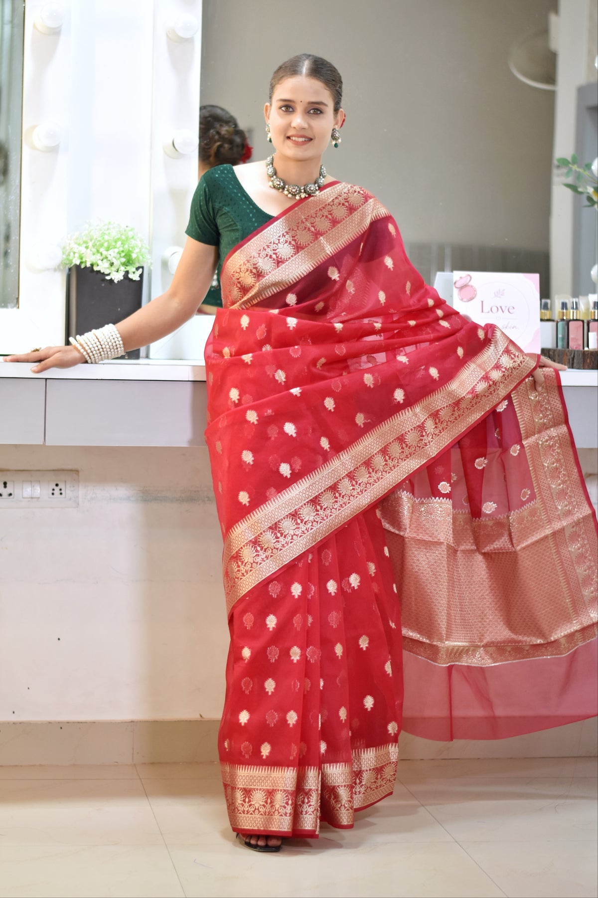 Banarasi Kora saree with beautiful golden zari weaving buta - red