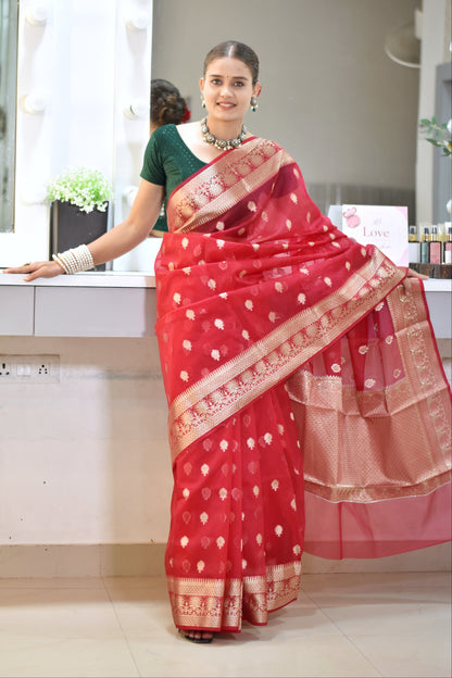 Banarasi Kora saree with beautiful golden zari weaving buta - red