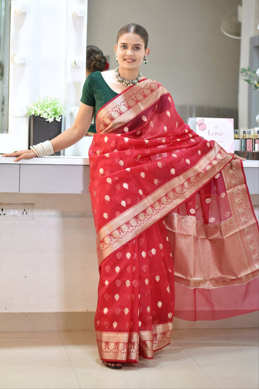 Banarasi Kora saree with beautiful golden zari weaving buta - red