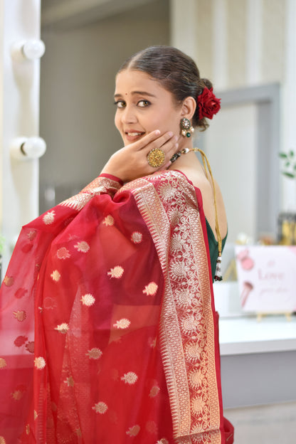 Banarasi Kora saree with beautiful golden zari weaving buta - red