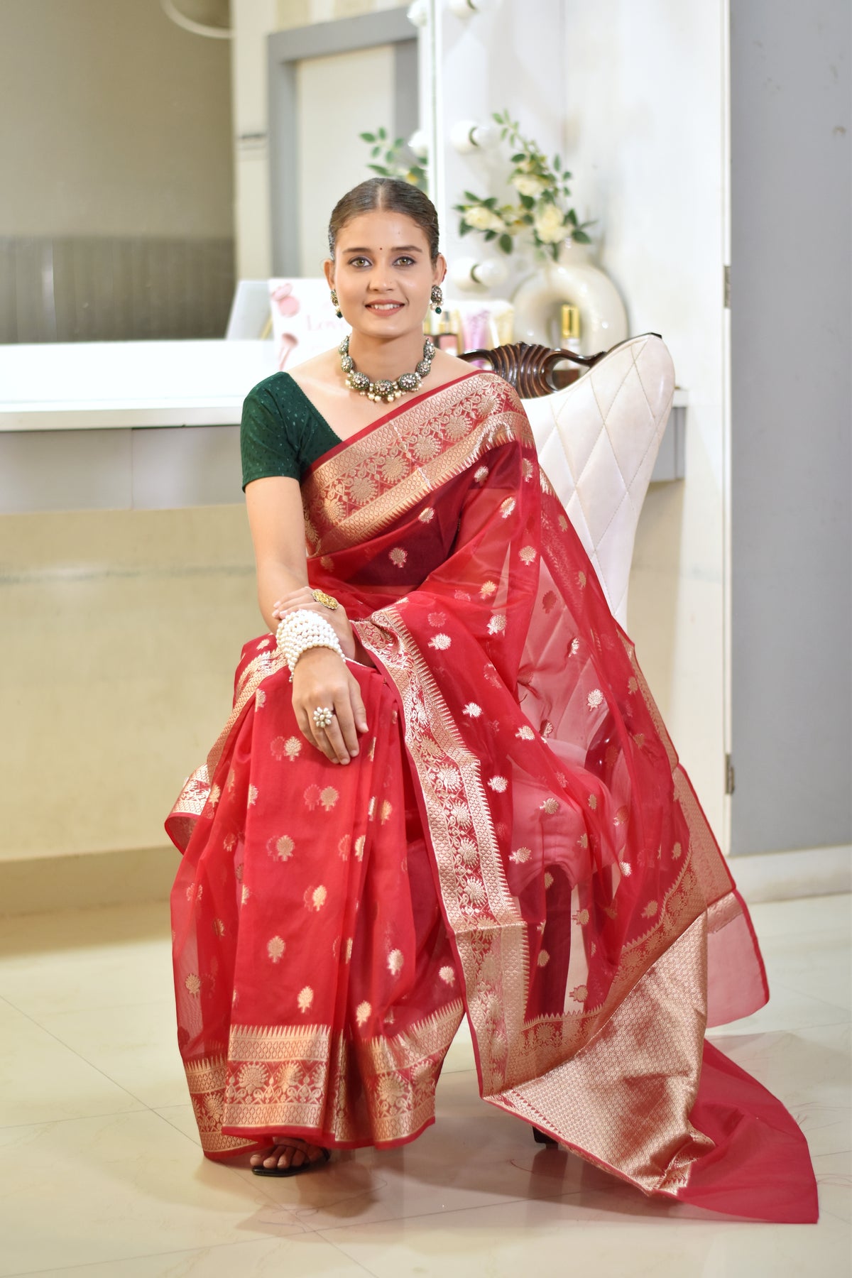 Banarasi Kora saree with beautiful golden zari weaving buta - red