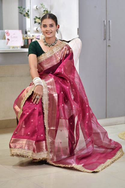 Banarasi Tissue Saree With Zari Weaving & Lace Border -PINK