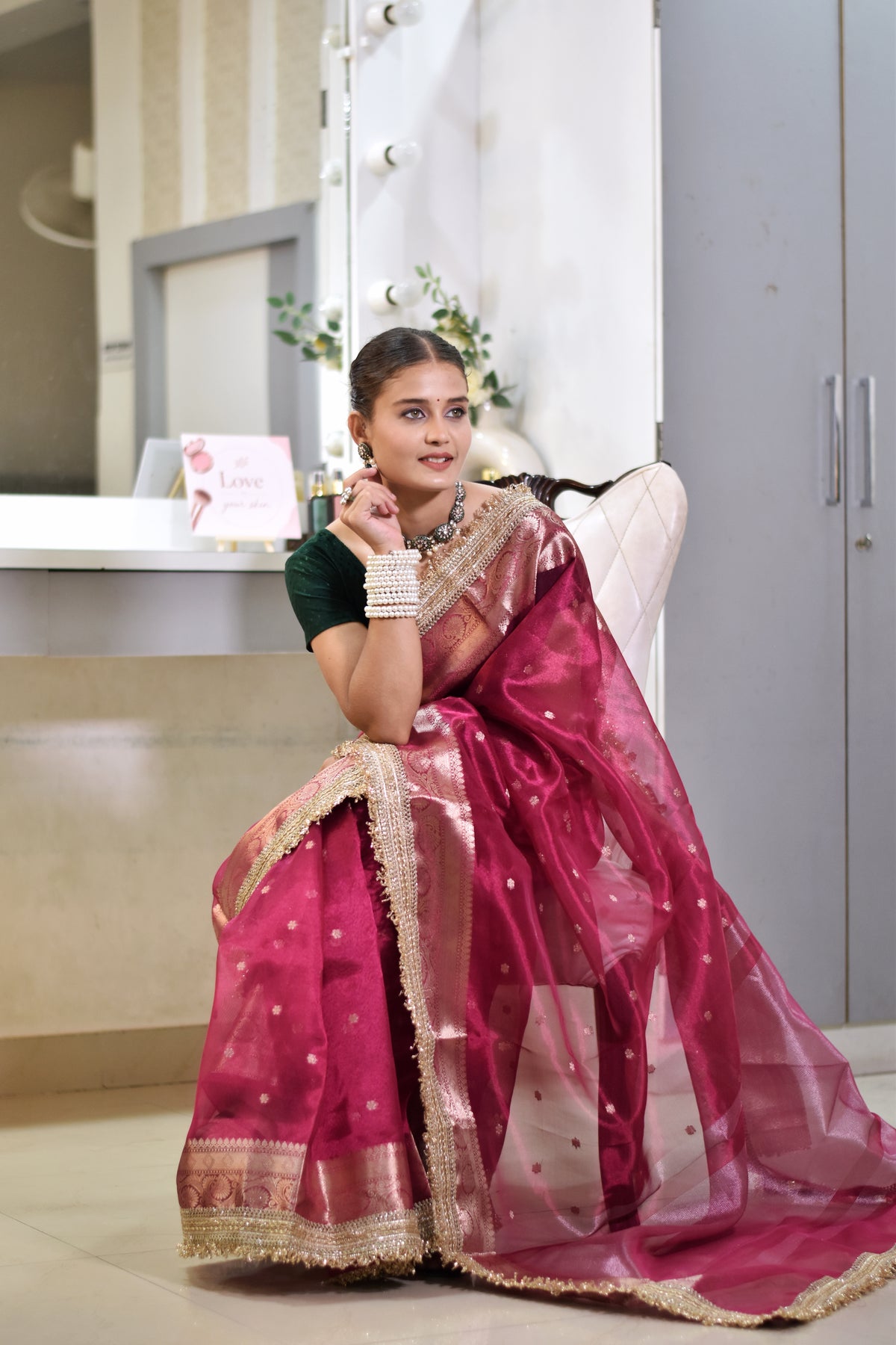 Banarasi Tissue Saree With Zari Weaving & Lace Border -PINK