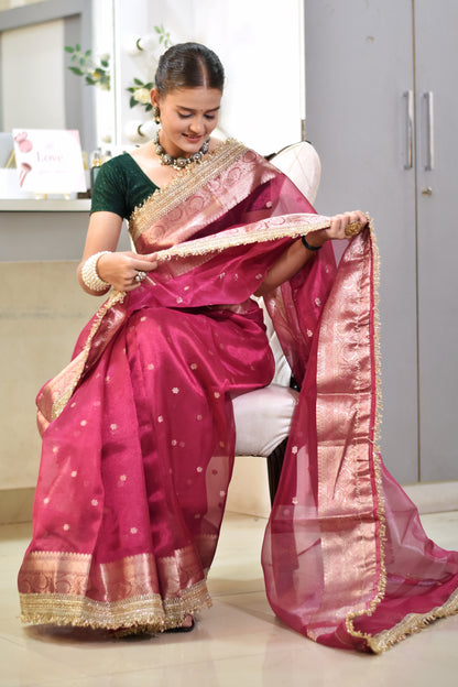 Banarasi Tissue Saree With Zari Weaving & Lace Border -PINK