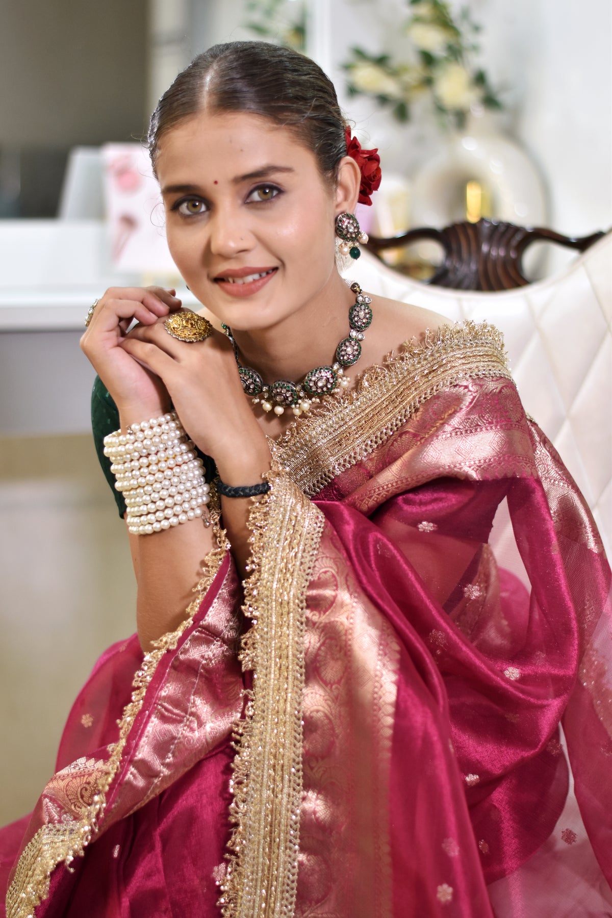 Banarasi Tissue Saree With Zari Weaving & Lace Border -PINK