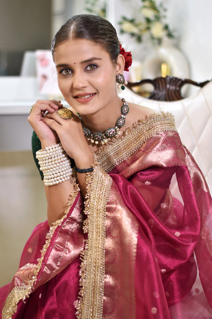 Banarasi Tissue Saree With Zari Weaving & Lace Border -PINK