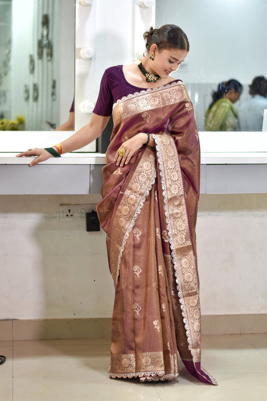 Banarasee Handloom Tissue Saree With Buta Design Zari Border & Lace- Coffee