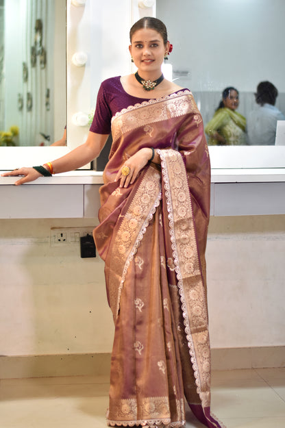 Banarasee Handloom Tissue Saree With Buta Design Zari Border & Lace- Coffee