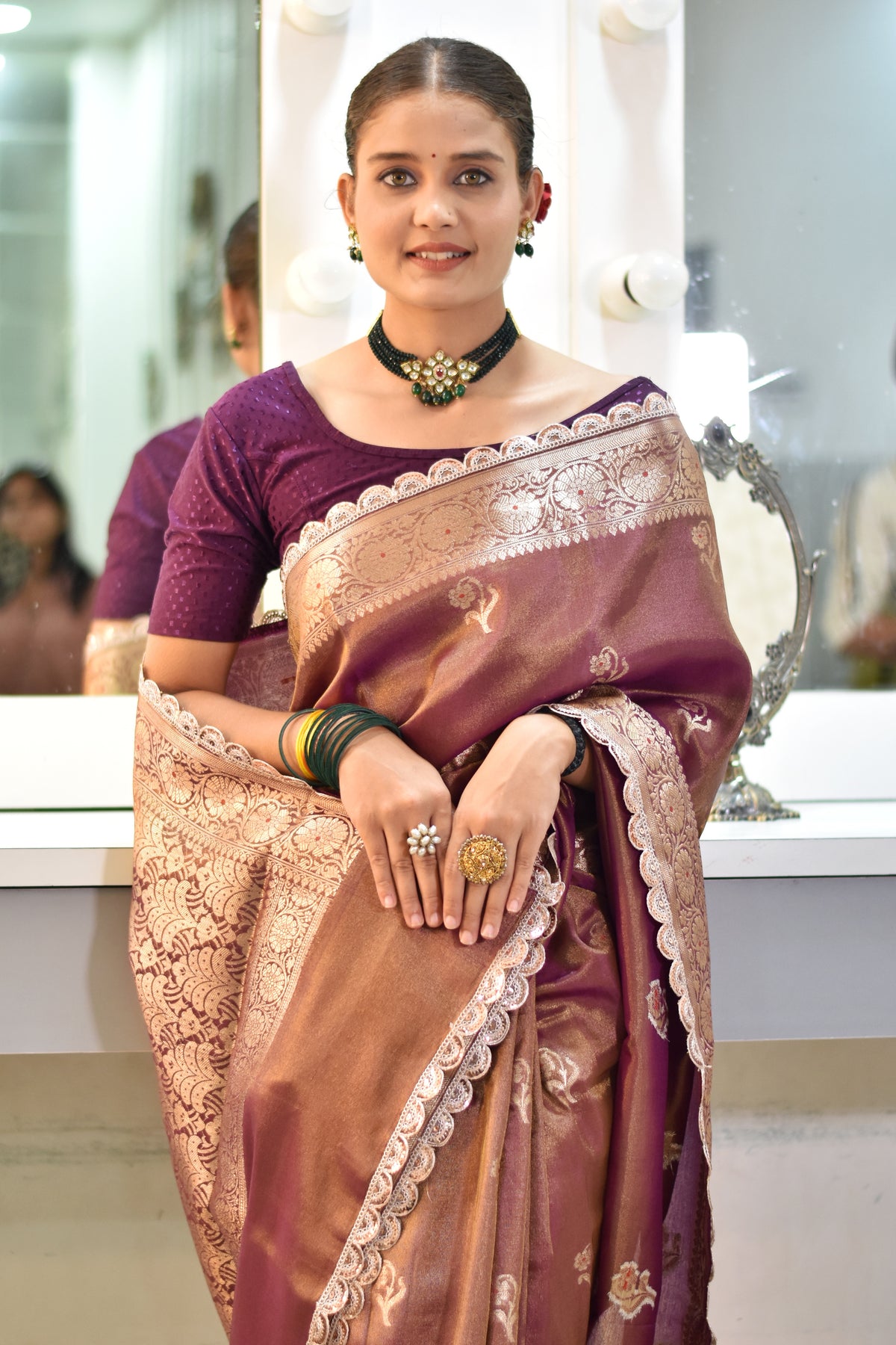 Banarasee Handloom Tissue Saree With Buta Design Zari Border & Lace- Coffee