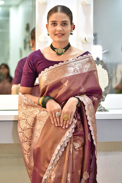 Banarasee Handloom Tissue Saree With Buta Design Zari Border & Lace- Coffee