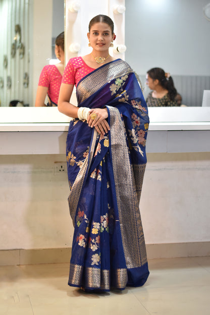 Banarasi chiffon saree with floral zari weaving and beautiful border- Midnight blue