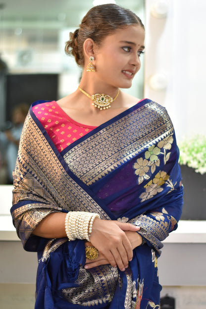 Banarasi chiffon saree with floral zari weaving and beautiful border- Midnight blue