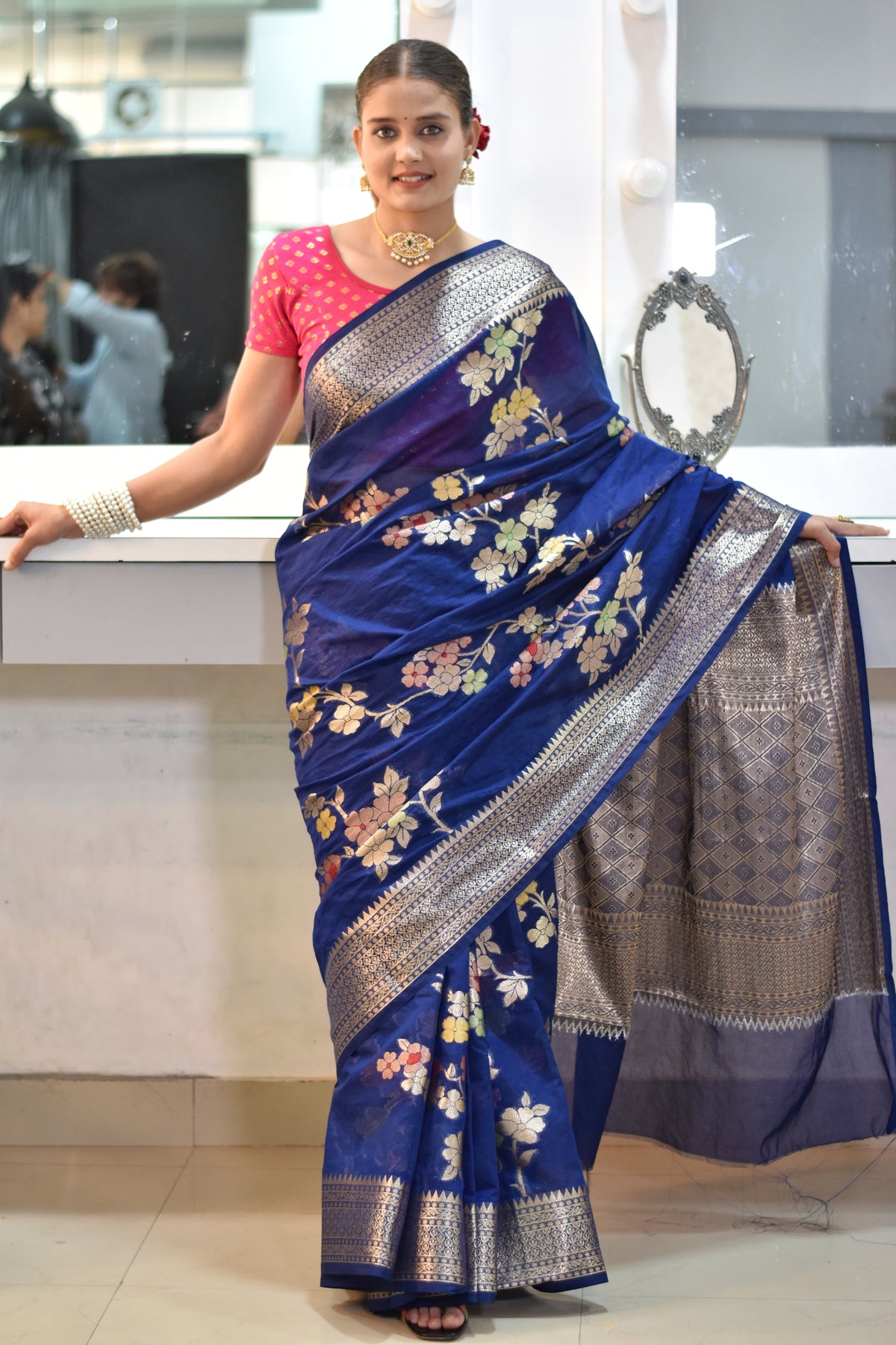 Banarasi chiffon saree with floral zari weaving and beautiful border- Midnight blue