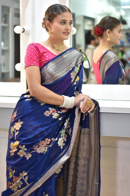 Banarasi chiffon saree with floral zari weaving and beautiful border- Midnight blue