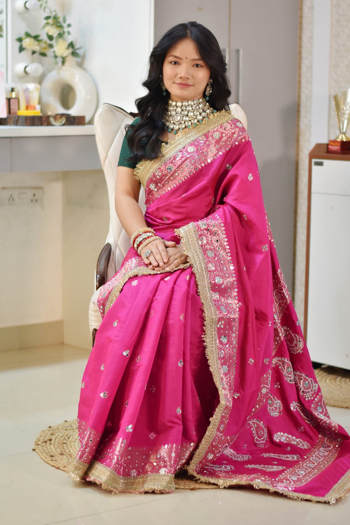 Banarasee Soft Silk Saree With Handwork Pearl Motifs & Mirror Work- Rani