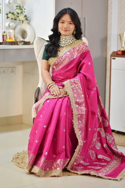 Banarasee Soft Silk Saree With Handwork Pearl Motifs & Mirror Work- Rani