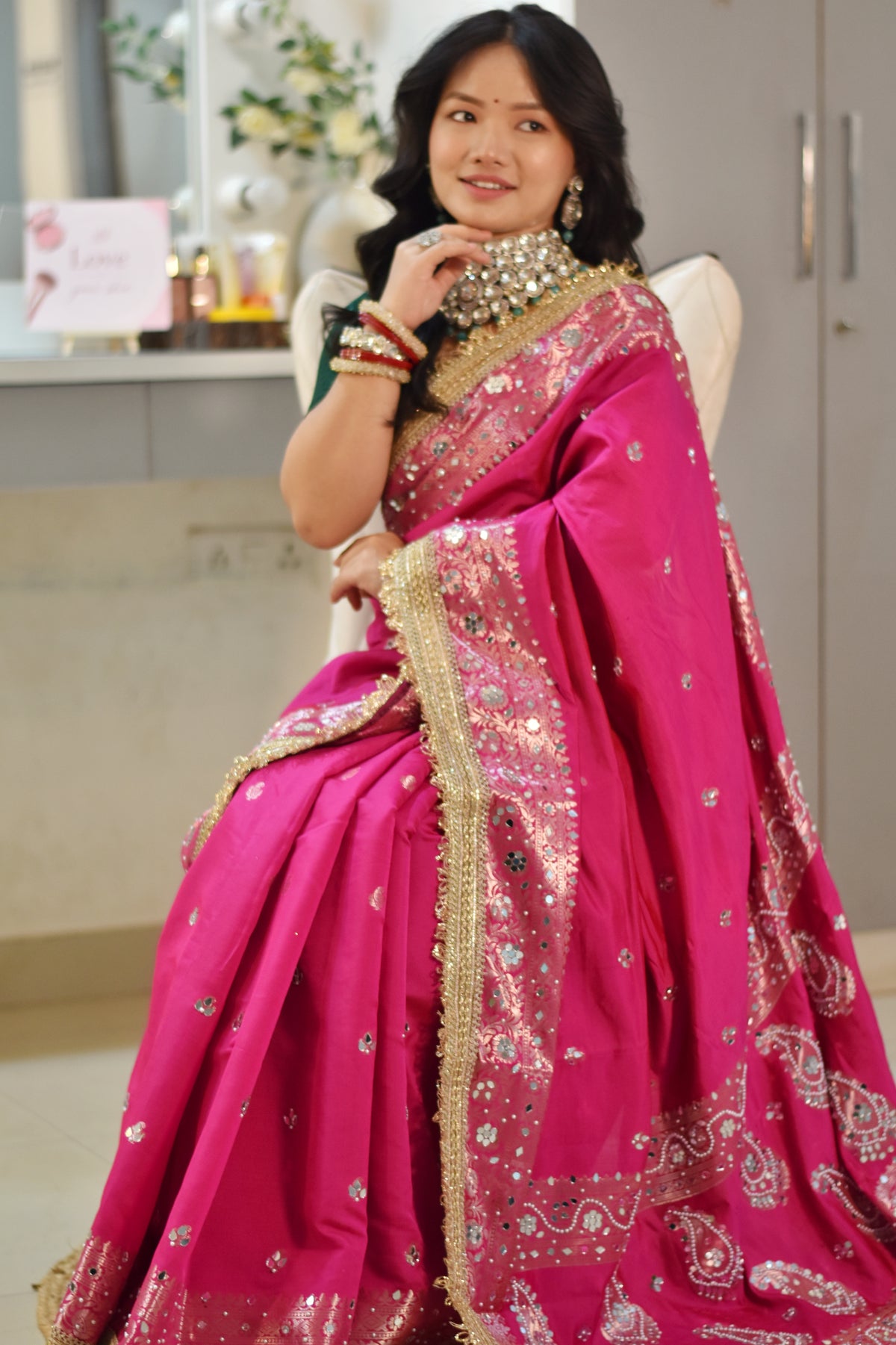 Banarasee Soft Silk Saree With Handwork Pearl Motifs & Mirror Work- Rani