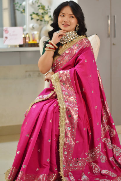 Banarasee Soft Silk Saree With Handwork Pearl Motifs & Mirror Work- Rani