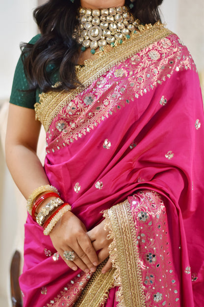 Banarasee Soft Silk Saree With Handwork Pearl Motifs & Mirror Work- Rani