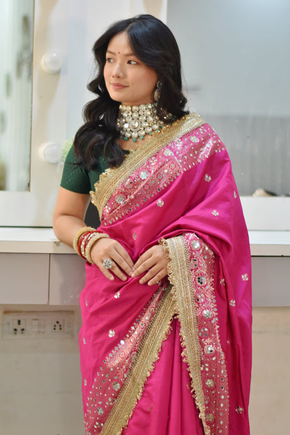 Banarasee Soft Silk Saree With Handwork Pearl Motifs & Mirror Work- Rani