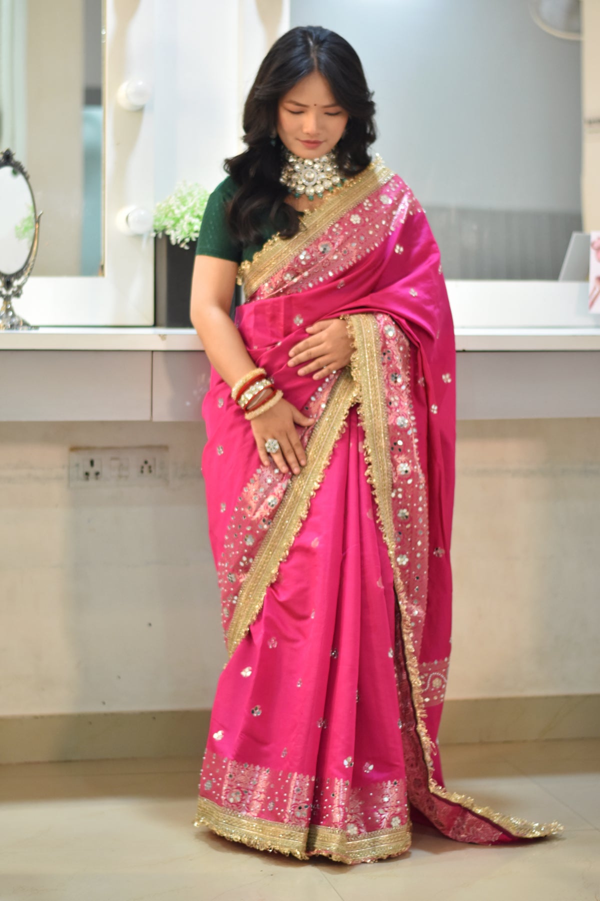 Banarasee Soft Silk Saree With Handwork Pearl Motifs & Mirror Work- Rani