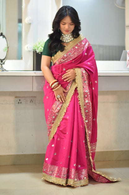 Banarasee Soft Silk Saree With Handwork Pearl Motifs & Mirror Work- Rani
