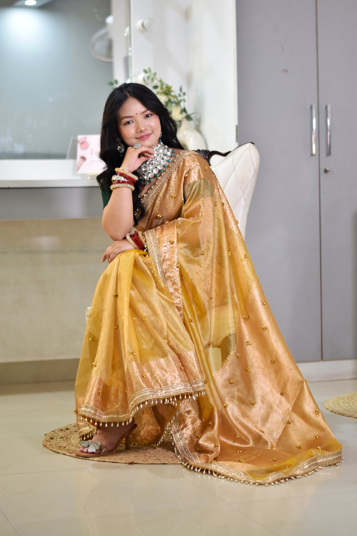 Banarasi Handwoven Tissue Saree With Embroidered Ghungroo Work - Sunshine yellow