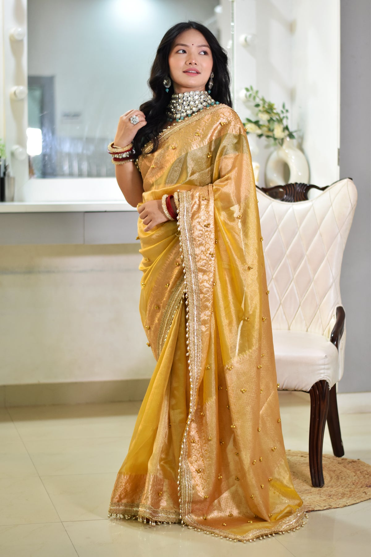 Banarasi Handwoven Tissue Saree With Embroidered Ghungroo Work - Sunshine yellow