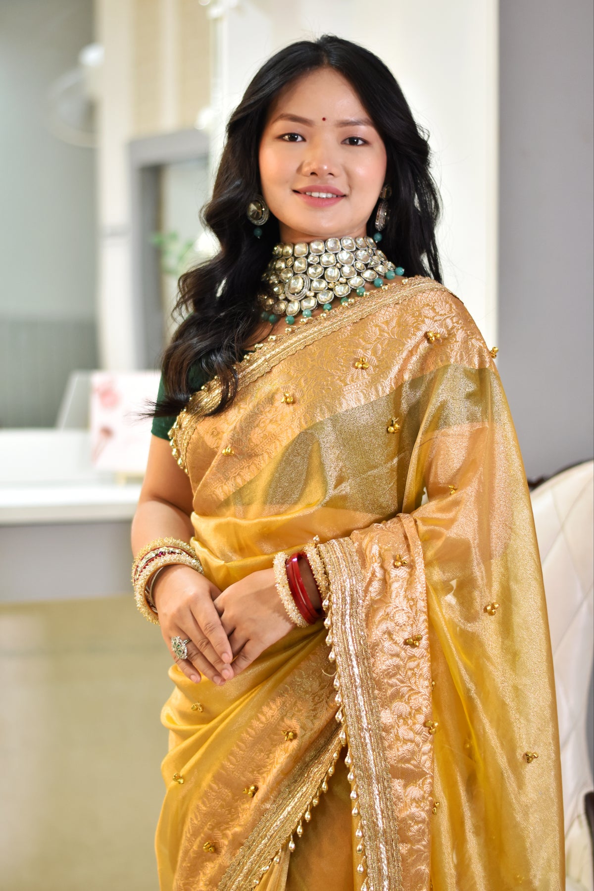 Banarasi Handwoven Tissue Saree With Embroidered Ghungroo Work - Sunshine yellow