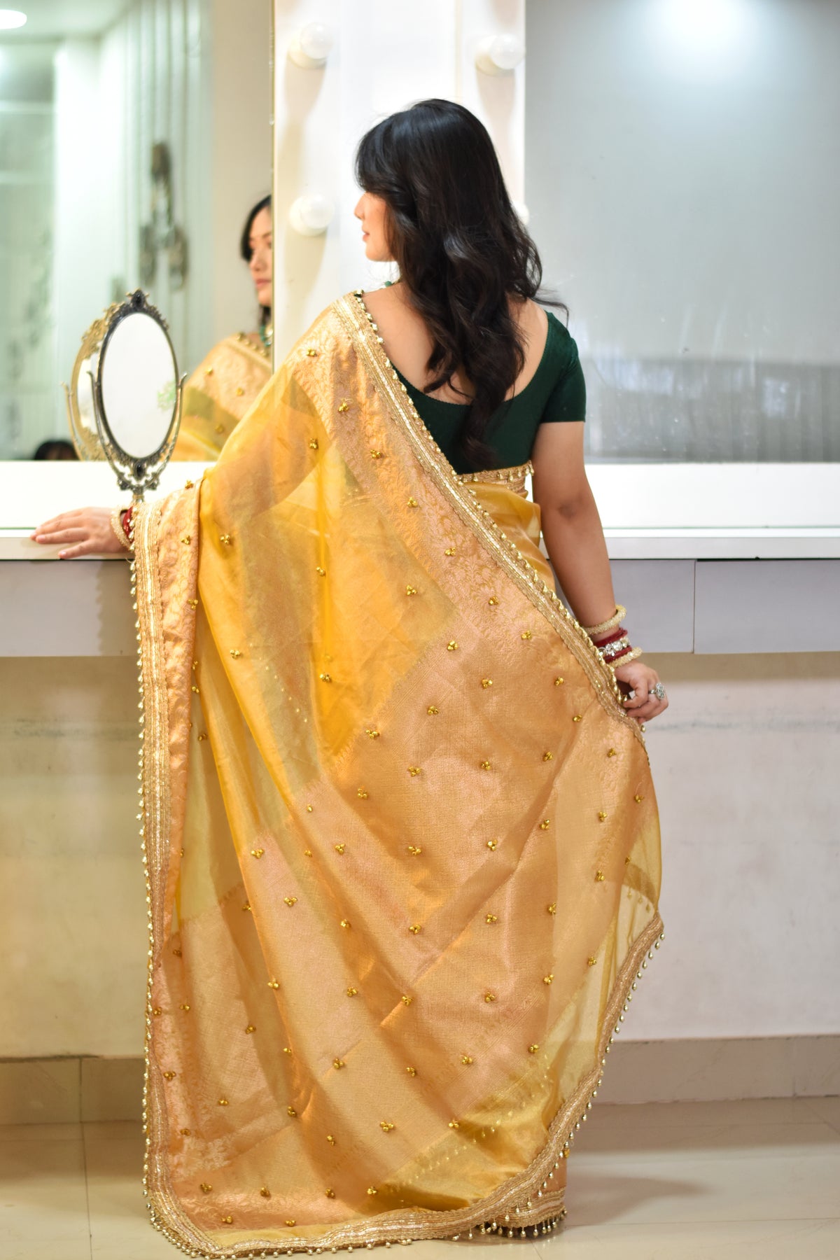 Banarasi Handwoven Tissue Saree With Embroidered Ghungroo Work - Sunshine yellow