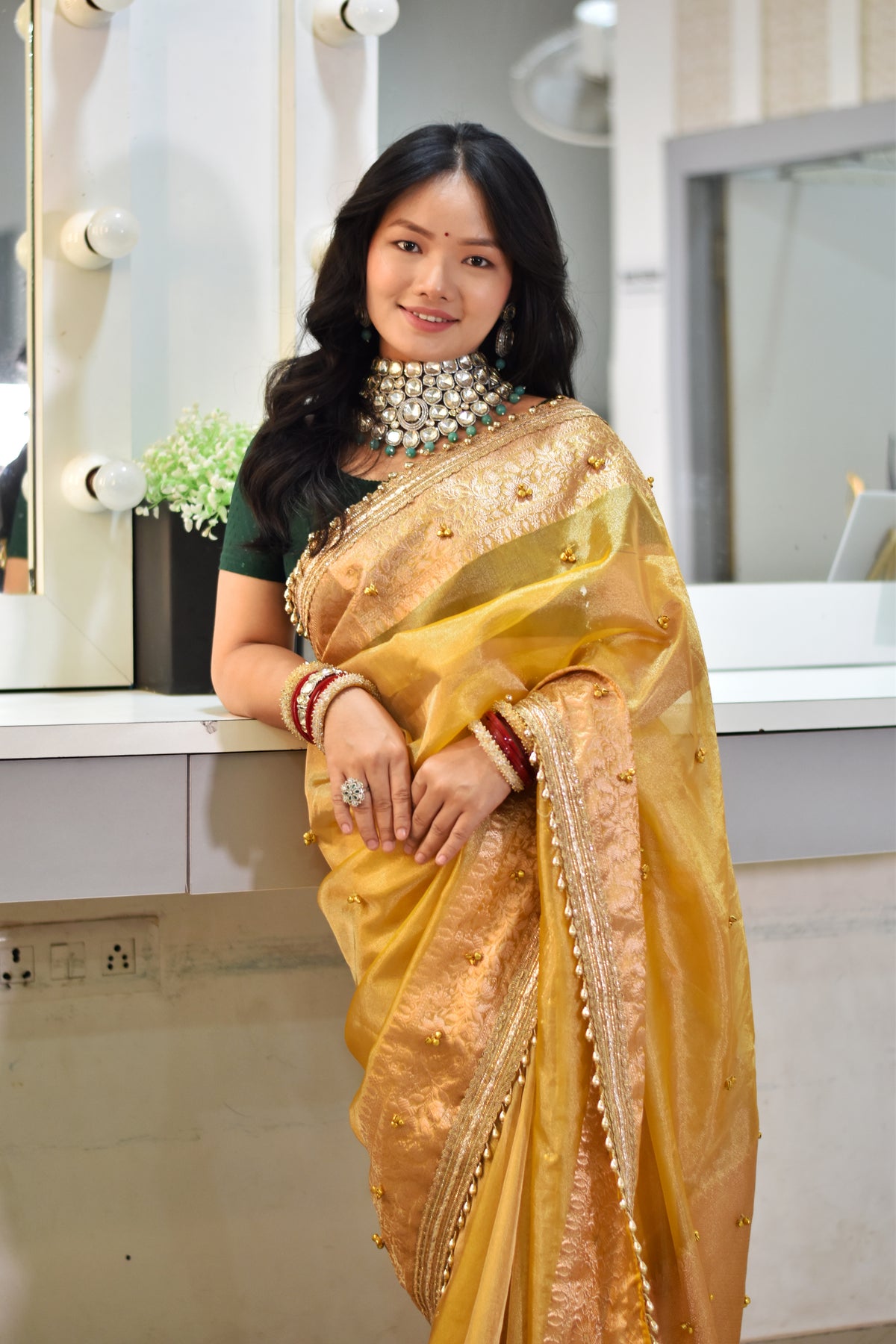 Banarasi Handwoven Tissue Saree With Embroidered Ghungroo Work - Sunshine yellow