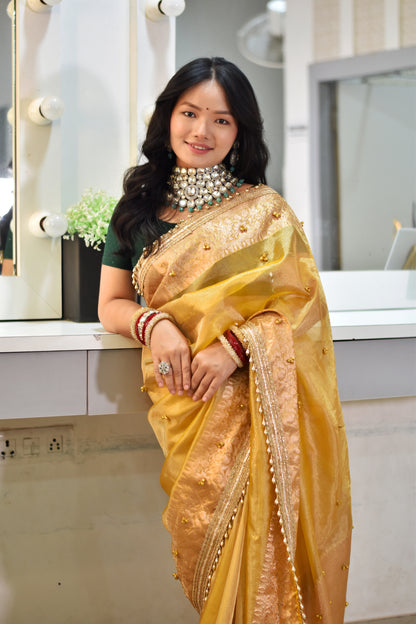 Banarasi Handwoven Tissue Saree With Embroidered Ghungroo Work - Sunshine yellow